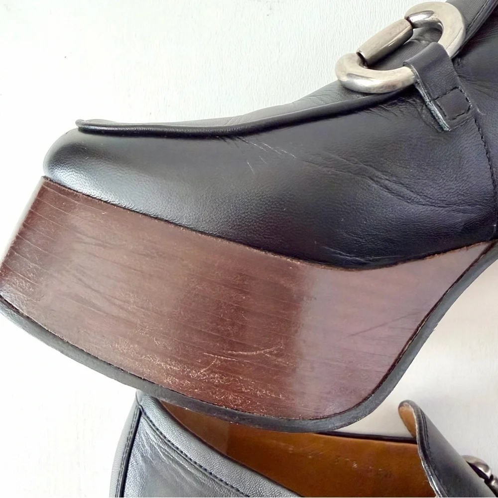 GUCCI | Black Leather Horsebit Platform Loafers Block Heel EU 37.5‎